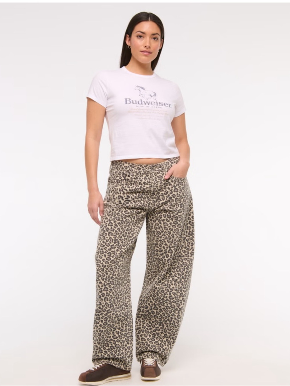 Abercrombie Curve Love Mid Rise Barrel Jean Leopard Neutral Denim 12 L Long 31